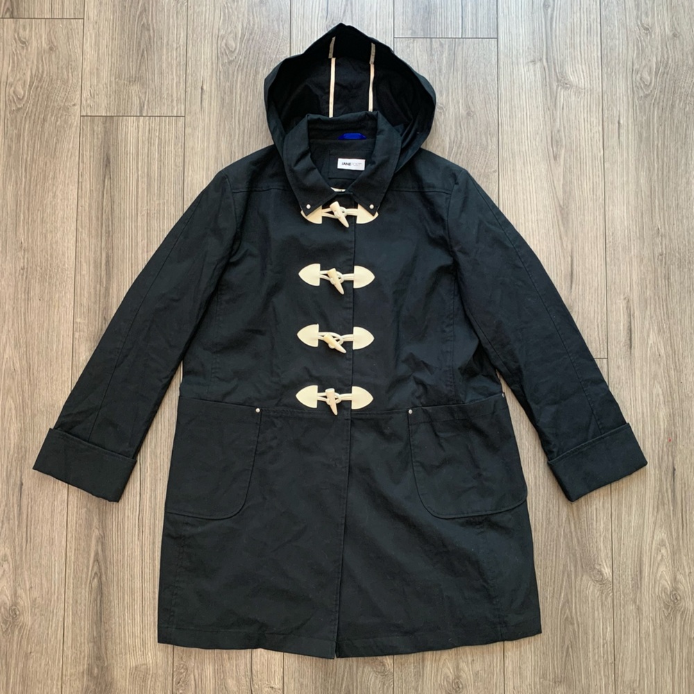 Jane‎ Post Black Duffle Toggle Trench Coat Jacket Women’s XL Removable Hood